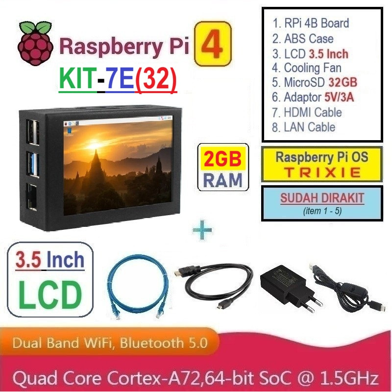 KIT-7E(32)  Raspberry Pi 4 (2GB RAM) KIT LCD 3.5 Inch MicroSD 32GB - Complete SET SIAP PAKAI